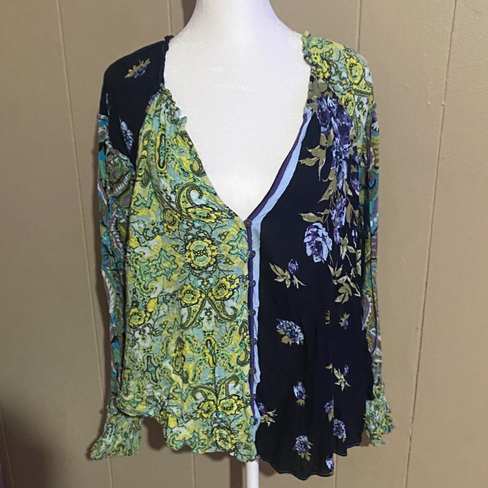 Free People Floral Patchwork Blouse - Green and Black